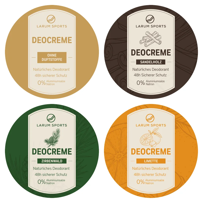 larum sports Deocreme in vier Sorten: Pur, Sandelholz, Zirbenwald und Limette